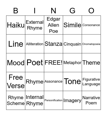 Poetry Bingo  Bingo Card