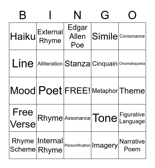 Poetry Bingo  Bingo Card