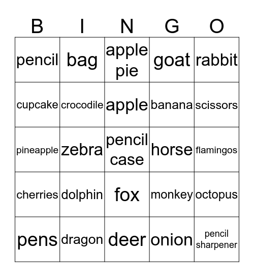 Mixed Bingo - Animals-Objects-Food Bingo Card