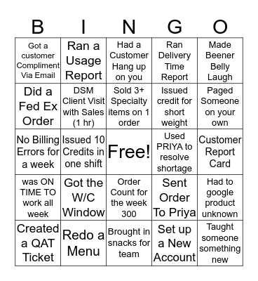 Customer Service Bingo Card