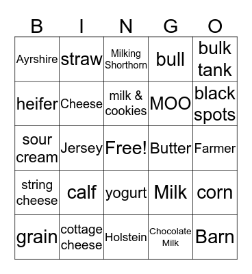 June Dairy Month Bingo Card