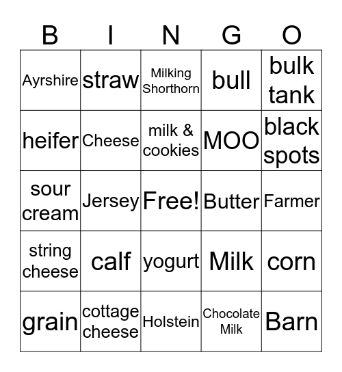 June Dairy Month Bingo Card