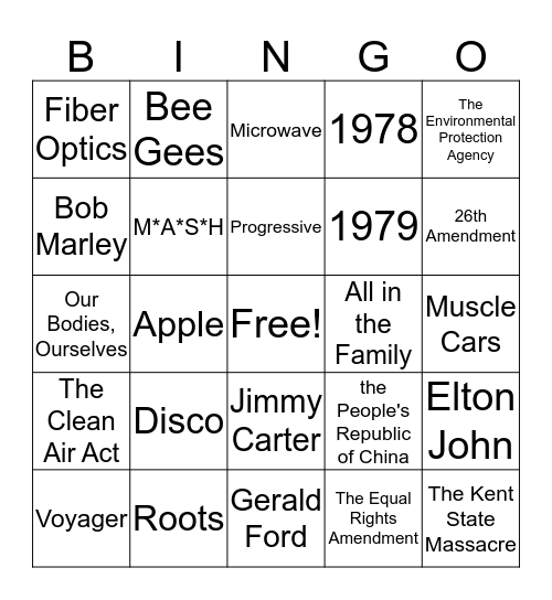 1970s Bingo Card