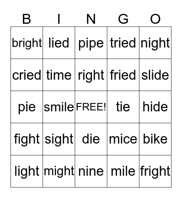 Long I Words Bingo Card