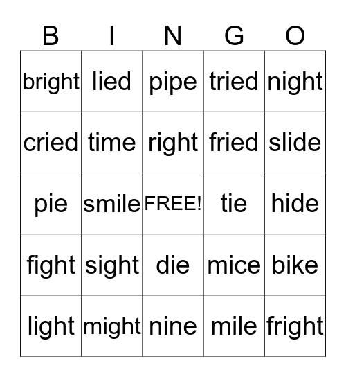 Long I Words Bingo Card