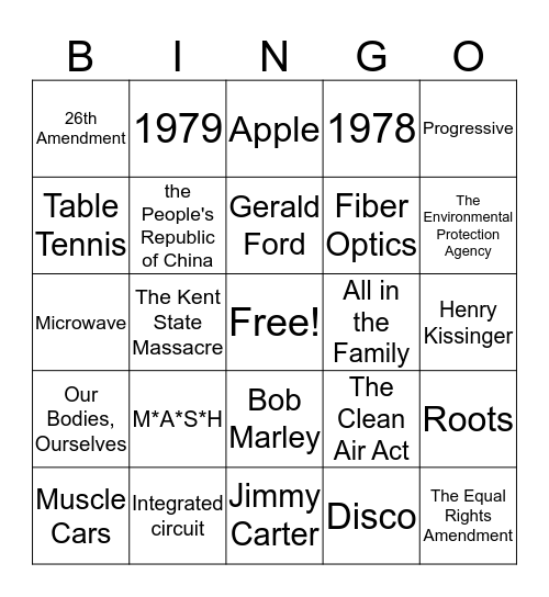 1970s Bingo Card