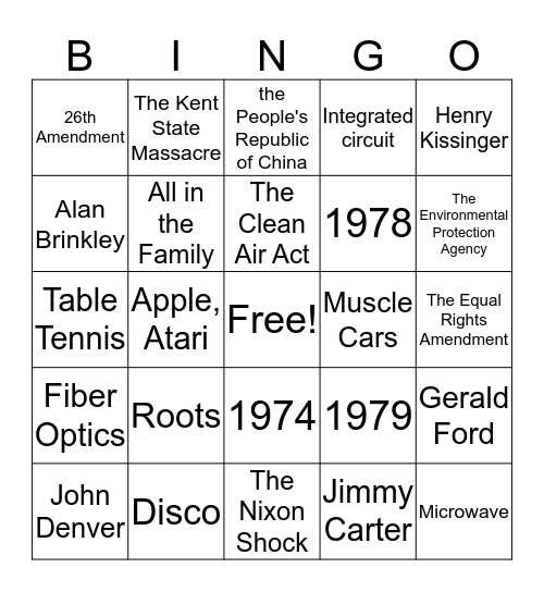 1970s Bingo Card