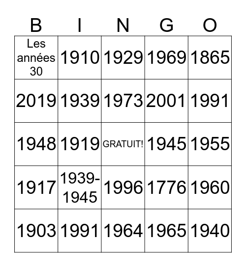 Les dates importantes Bingo Card