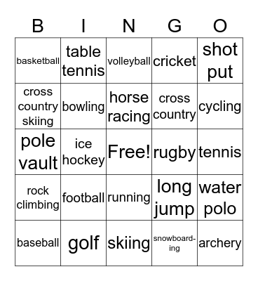 Sports Bingo Card
