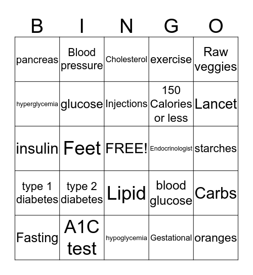 Diabetes Education Bingo Card