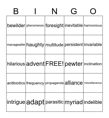 Vocabulary BINGO Card