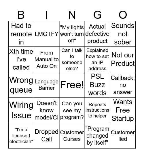 Tech Support Bingo Card