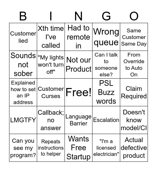 Tech Support Bingo Card