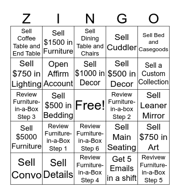 ZINGO Bingo Card