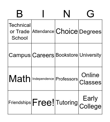 College Vocabulary Bingo Card