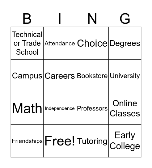 College Vocabulary Bingo Card