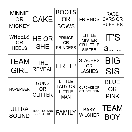 Gender Reveal Party Bingo Card