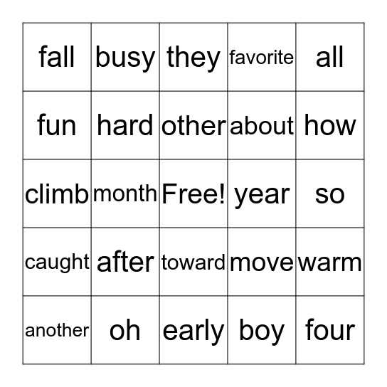 1st grade sight words Bingo Card