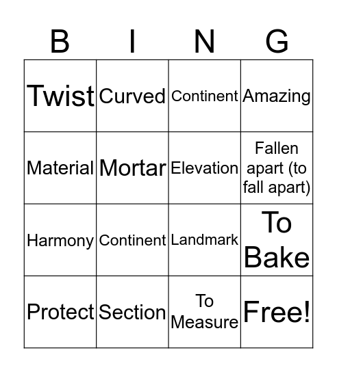 Great Wall Vocabulary Bingo! Bingo Card