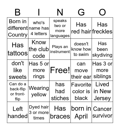 Get to Know! Bingo Card