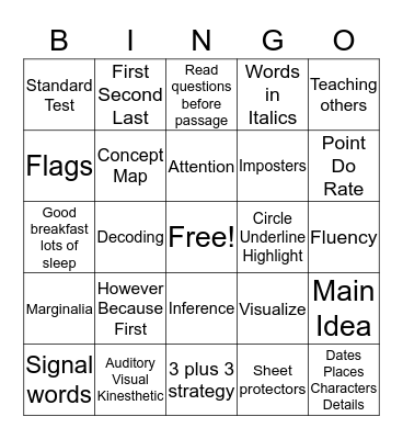 READING Bingo Card