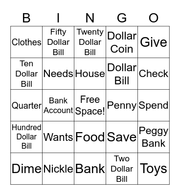 Financial Literacy BINGO (3-6YO) Bingo Card