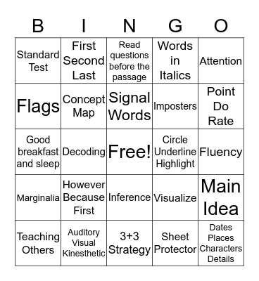 READING Bingo Card