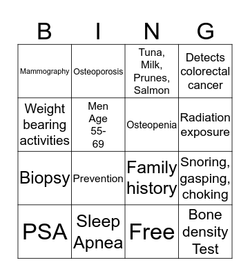 Health Night Bingo Card