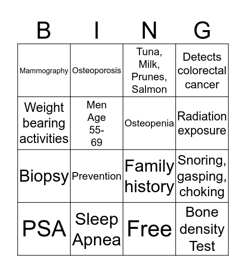 Health Night Bingo Card