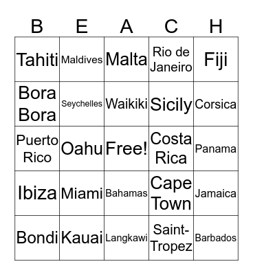 Tropical Vacation Bingo Card