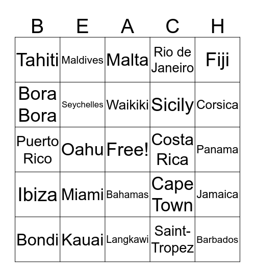 Tropical Vacation Bingo Card