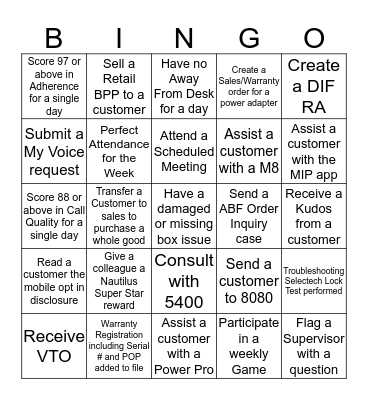 Customer Care Bingo Card