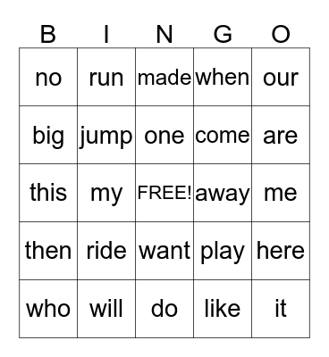 Sight Words Bingo Card