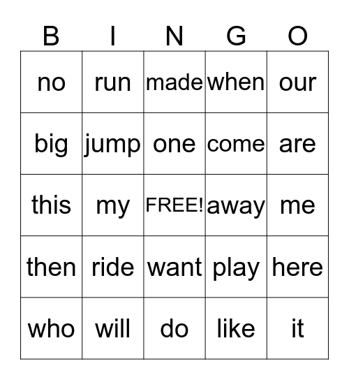 Sight Words Bingo Card