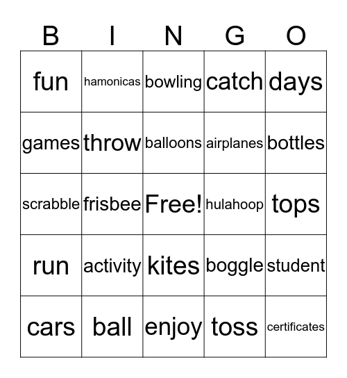 Student Activities Day Bingo Card