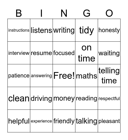 Job Readiness Bingo Card