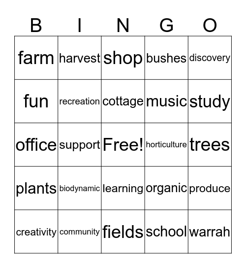 Warrah Words Bingo Card