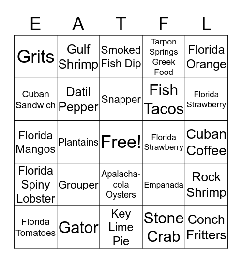 Florida Food Finds - FL Must Eat Foods Bingo Card