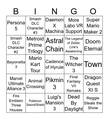 Nintendo E3 2019 Predictions Bingo Card