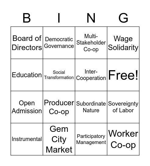 Cooperative Bingo Card