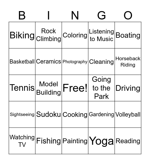 Leisure Bingo Card