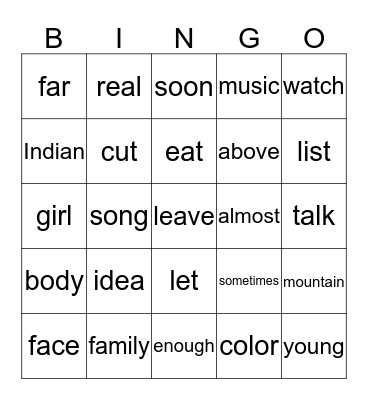 Fry Words 276- 300 Bingo Card