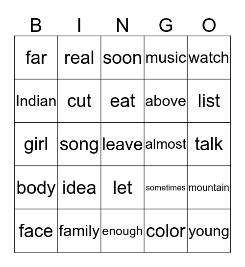 Fry Words 276- 300 Bingo Card