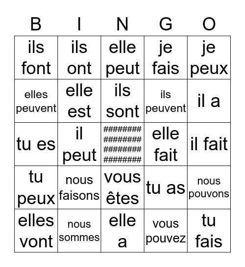 Franse werkwoorden Bingo Card