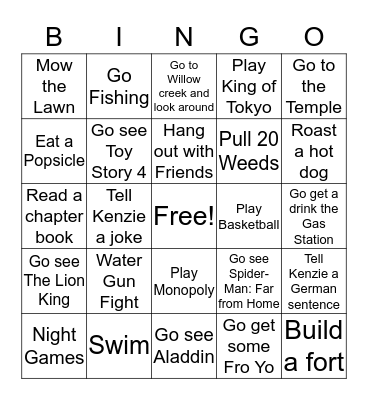 Zack's Summer Bingo Card