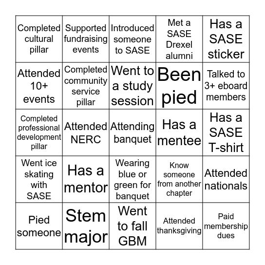 SASE Bingo Card