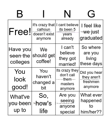 Reunion Bingo Card