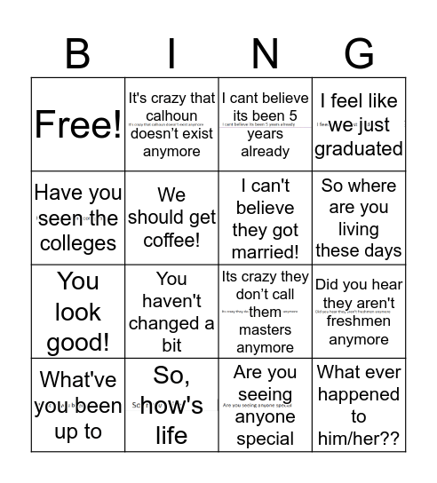 Reunion Bingo Card