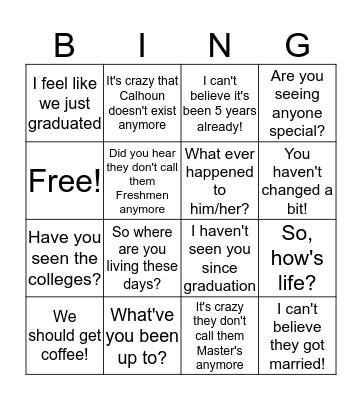 Reunion Bingo Card