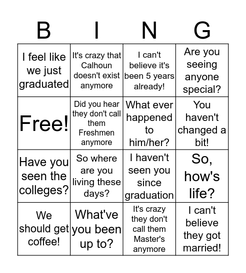 Reunion Bingo Card